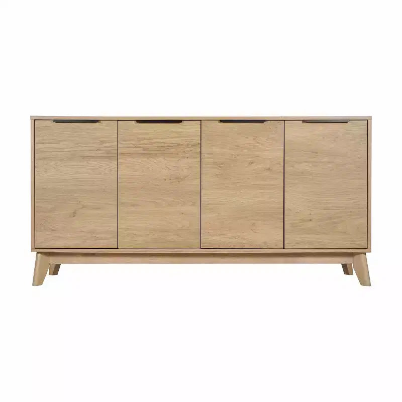Bahut scandinave en bois avec portes à fermeture amortie, étagères et pieds fuselés élégants avec patins de protection