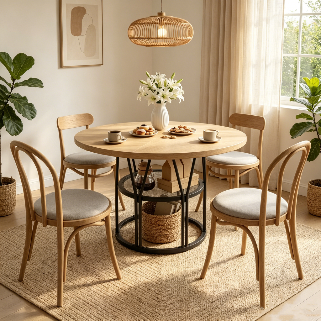 Table de salle à manger ronde avec étagère de rangement, table de cuisine robuste à structure métallique