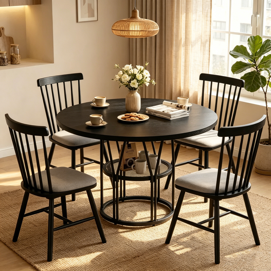 Table de salle à manger ronde avec étagère de rangement, table de cuisine robuste à structure métallique