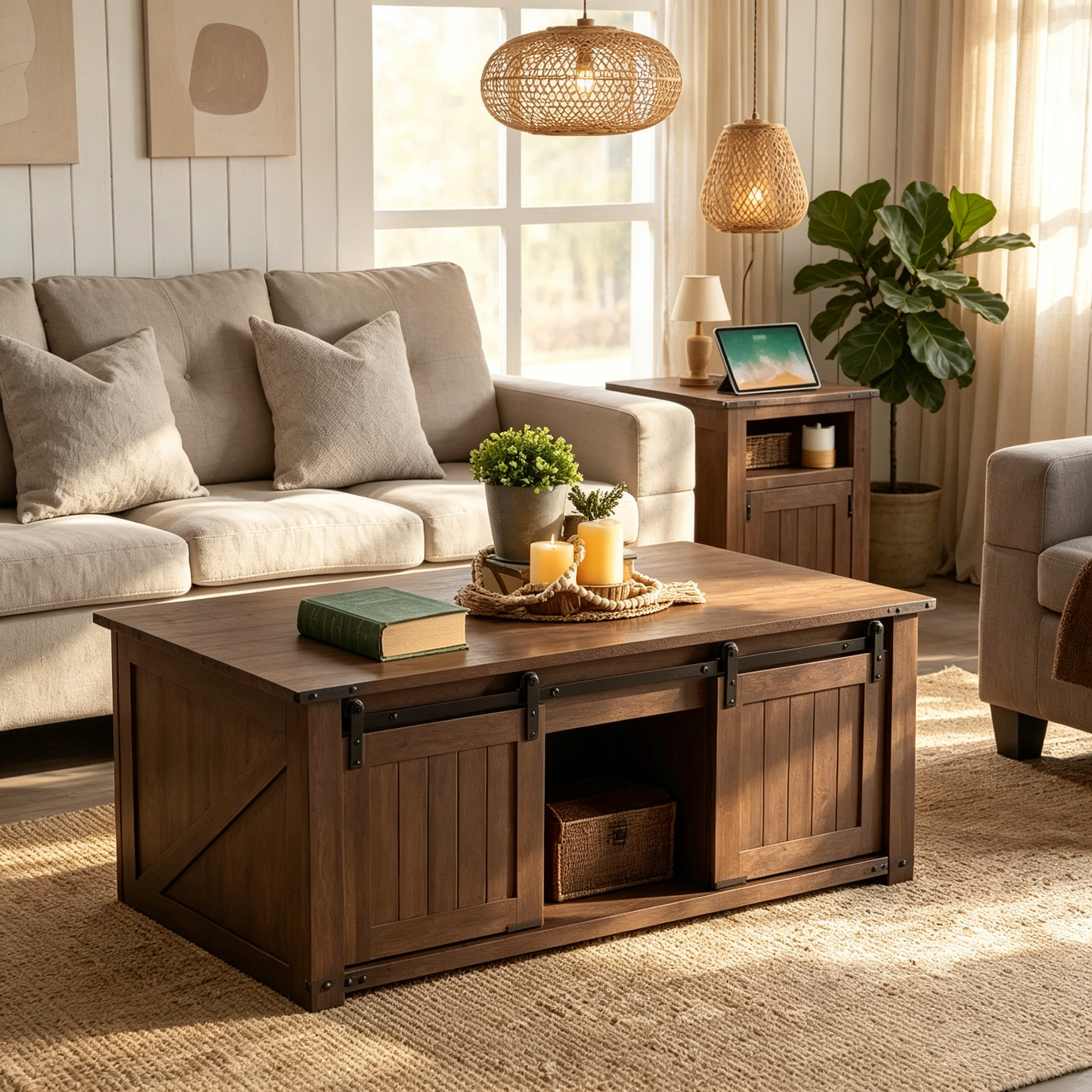 Table basse relevable de style ferme avec porte de grange coulissante et rainurée