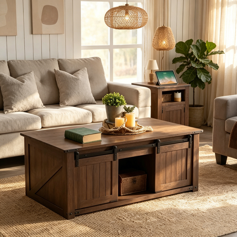 Table basse de ferme relevable avec porte de grange coulissante et rainure