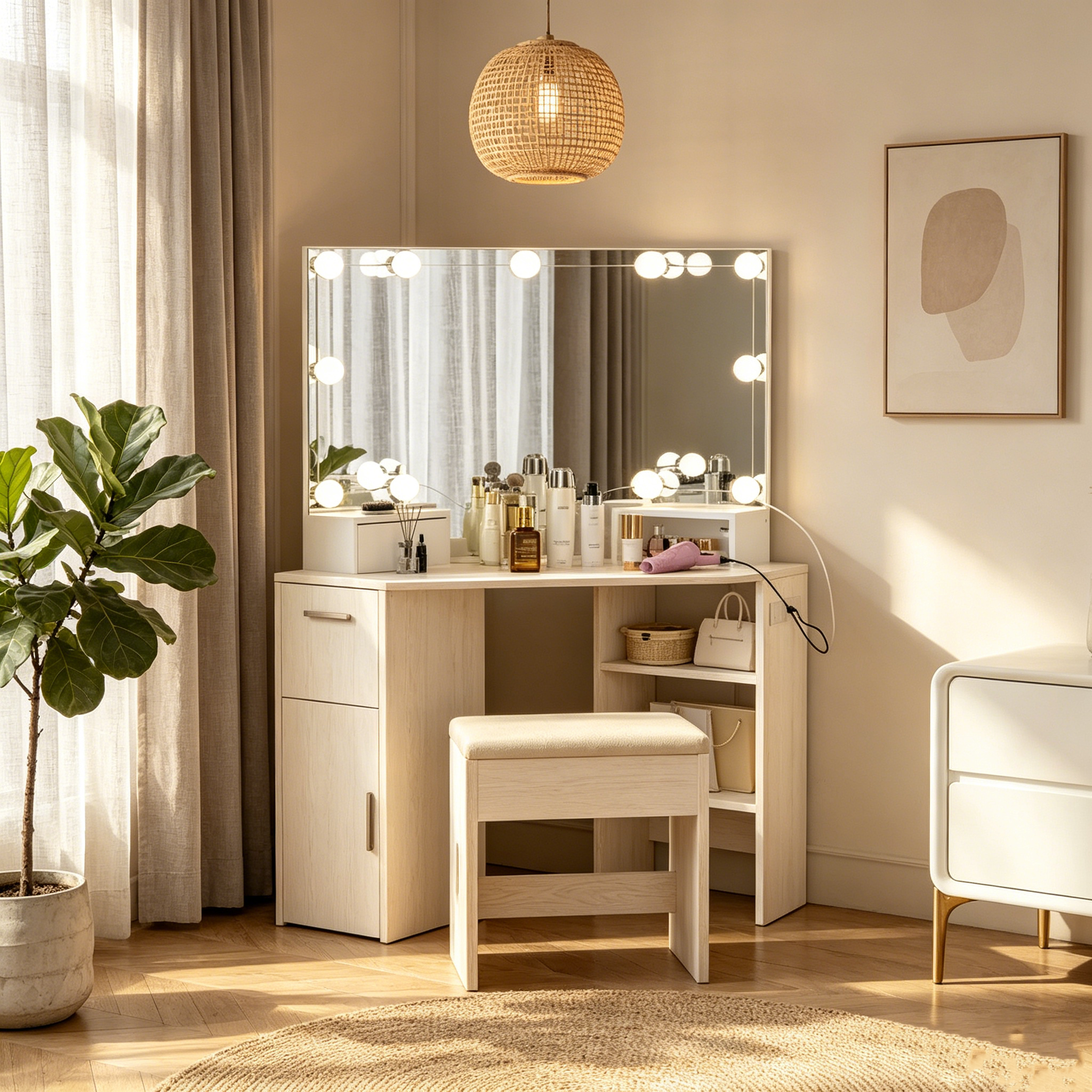 Coiffeuse d'angle avec miroir, lumière et étagère de rangement